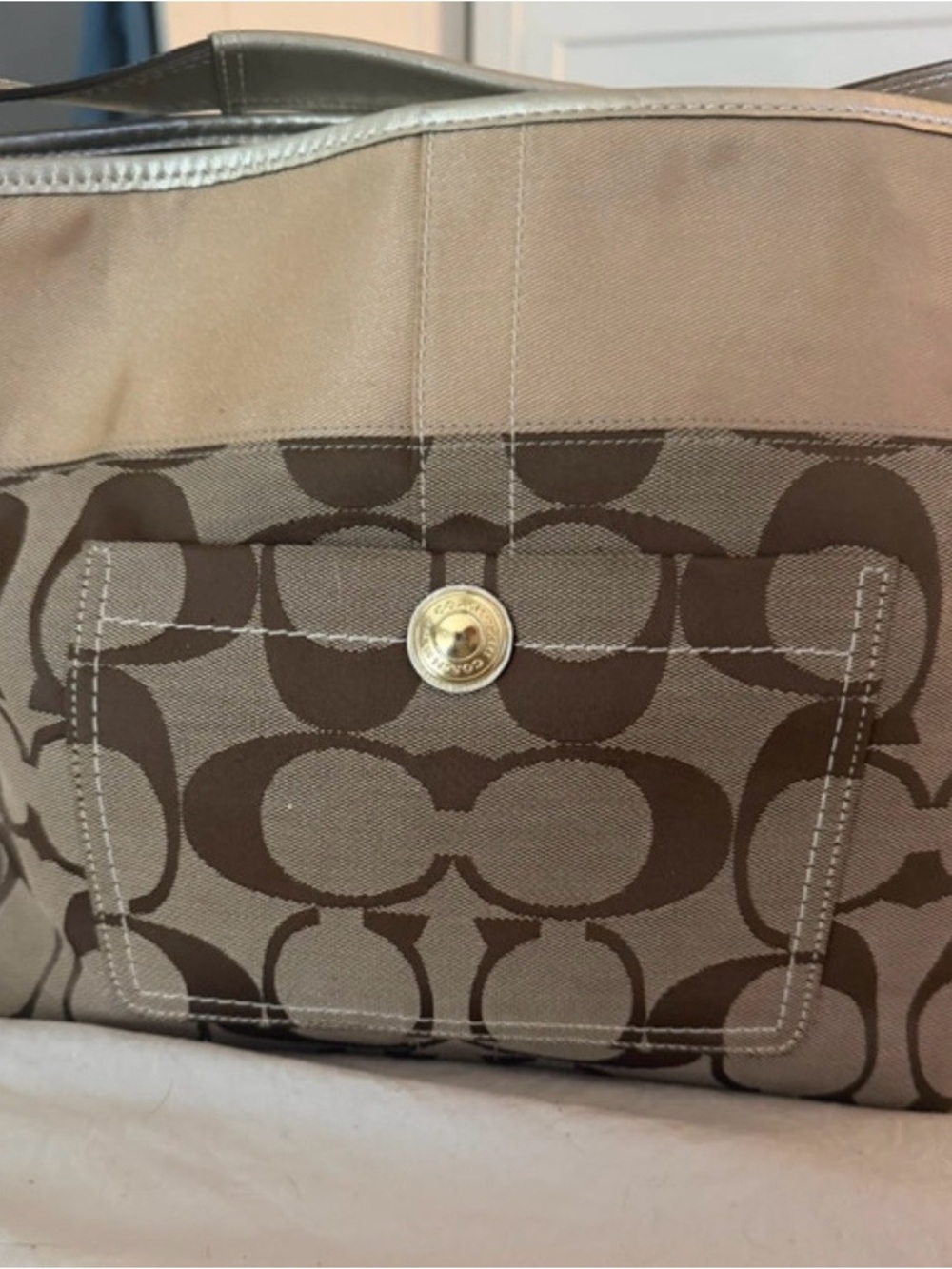 Coach Canvas Tote in Brown and Khaki with Signature 'C'